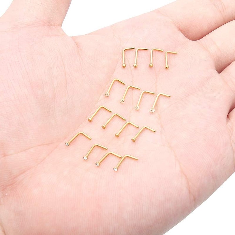Hoeudjo Nose Studs Surgical Steel Cubic Zirconia Nose Rings Kit for Women Men 2mm Nose Stud Screw & Bone & L Shaped Nostril Rings Piercing Jewelry 22 Gauge 16 Pieces - Image 3